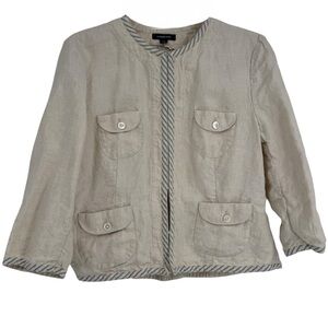 Lands' End Linen Jacket Size 14 Beige Pockets Hook/eye Front Closure 3/4 Sleeve
